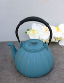 Blue Gold Streaks Wide Base Vertical Lines Medium Cast Iron Teapot 33oz Tea Pot