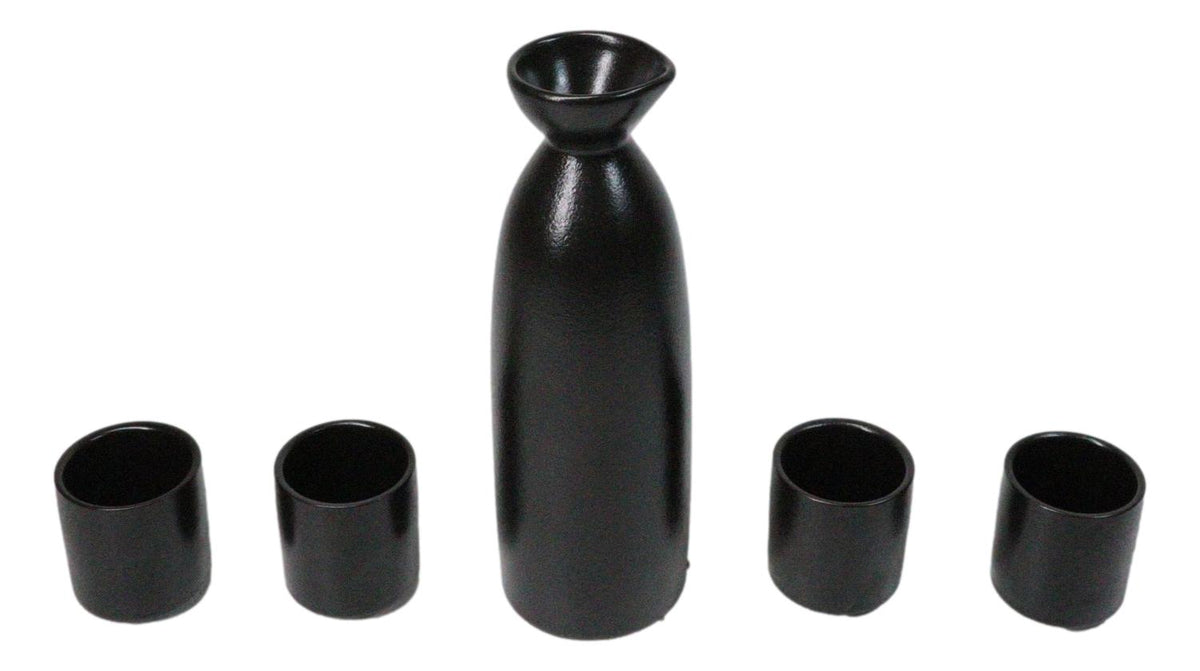 Minimalistic Black Kokuyo Porcelain Sake Carafe Flask 9oz & 4 Ochoko Cups Set