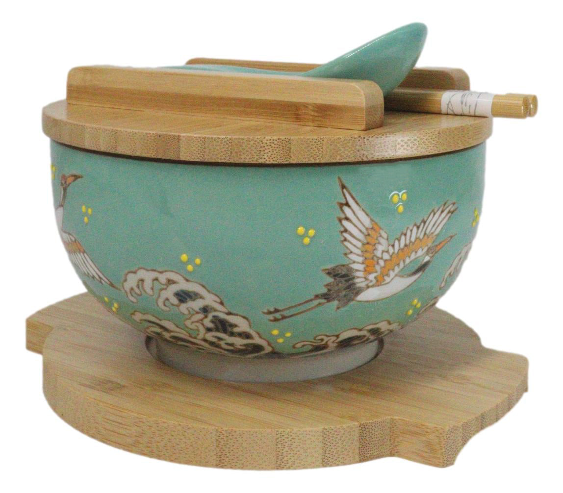 Turquoise Japanese Crane Donburi Ramen Bowl With Lid Trivet Spoon Chopsticks Set