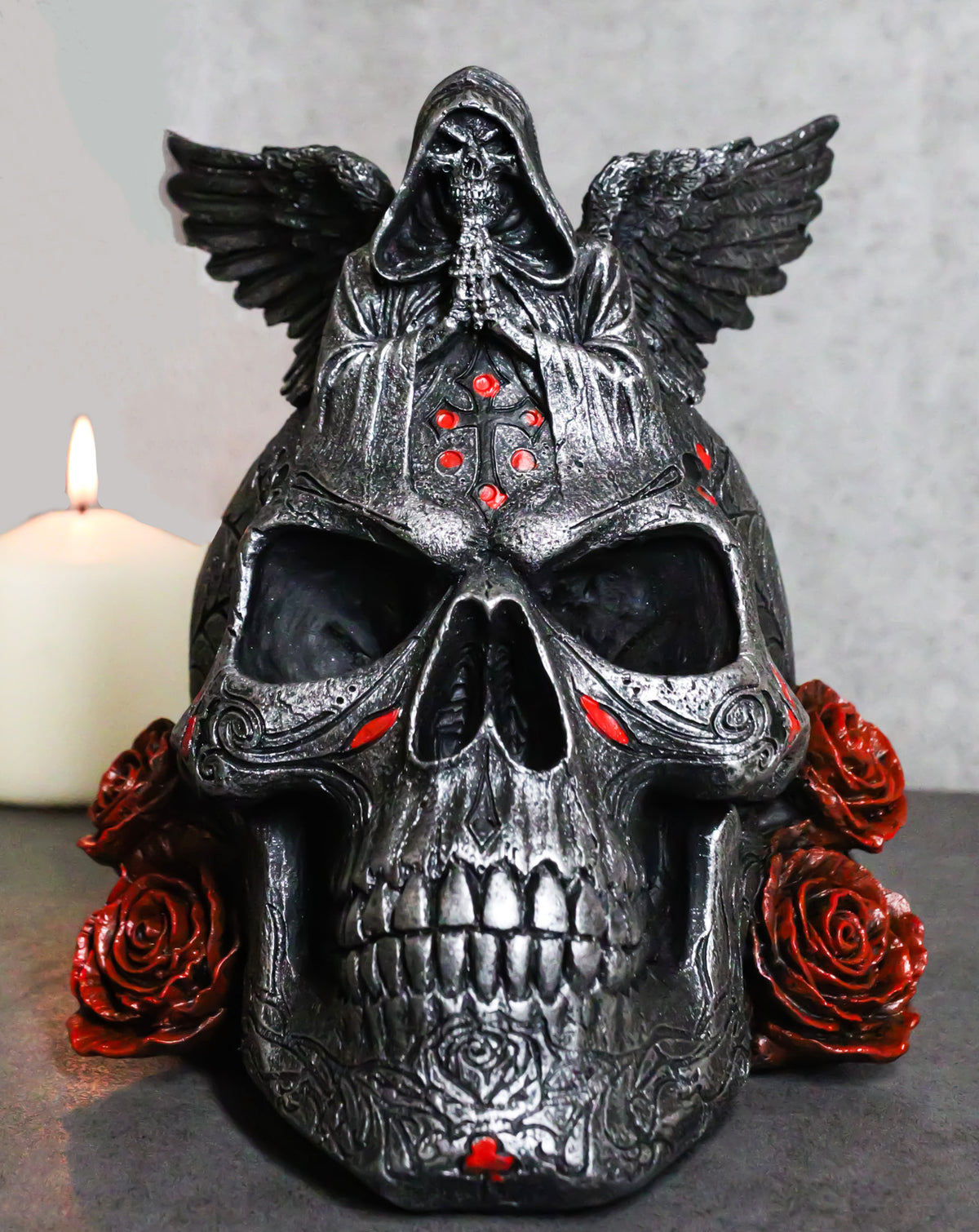 Grim Reaper Skeleton Angel Of Death Praying On Tribal Skull Red Roses Figurine