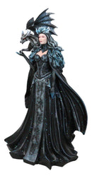 Large Gothic Necromancy Black Dragon Witch Dark Queen In Long Gown Statue