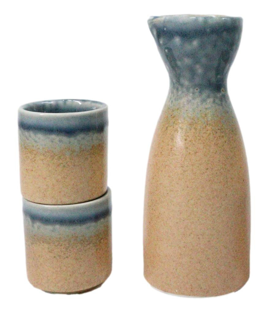 Porcelain Blue And Sand Ao Nagashi Japanese Wine Sake Flask With 2 Cups Set