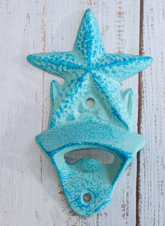 Set Of 2 Cast Iron Rustic Beach Blue Marine Sea Star Starfish Wall Bottle Opener
