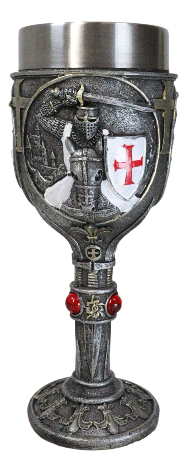 Medieval Templar Crusader Knight Suit of Armor On Horse Wine Goblet Chalice Cup