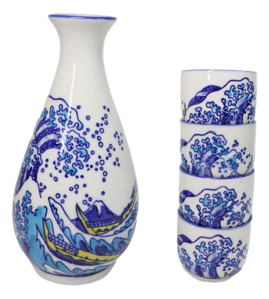 Great Wave Kanagawa Hokusai Porcelain Sake Flask And 4 Ochoko Cups Set