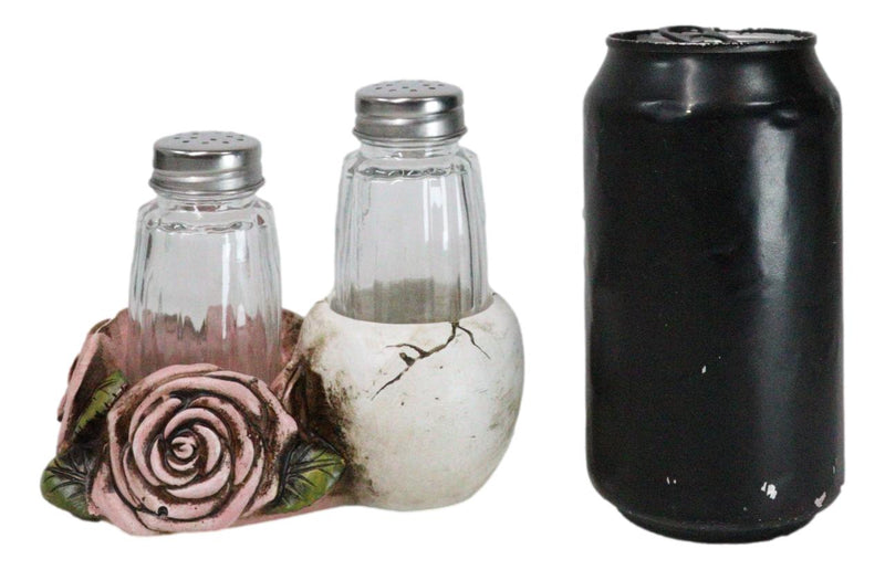 Day Of The Dead Skull With Red Heart Eyes Pink Roses Salt Pepper Shakers Holder