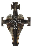 Black Biker Iron Cross With Angel Wings Layered Faux Wooden Wall Cross Plaque