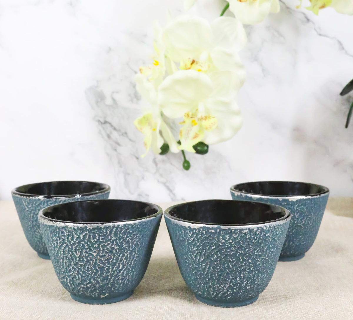 Pack Of 4 Teal Blue With Gold Cast Iron Tetsubin Textured Surface Tea Cups 3oz
