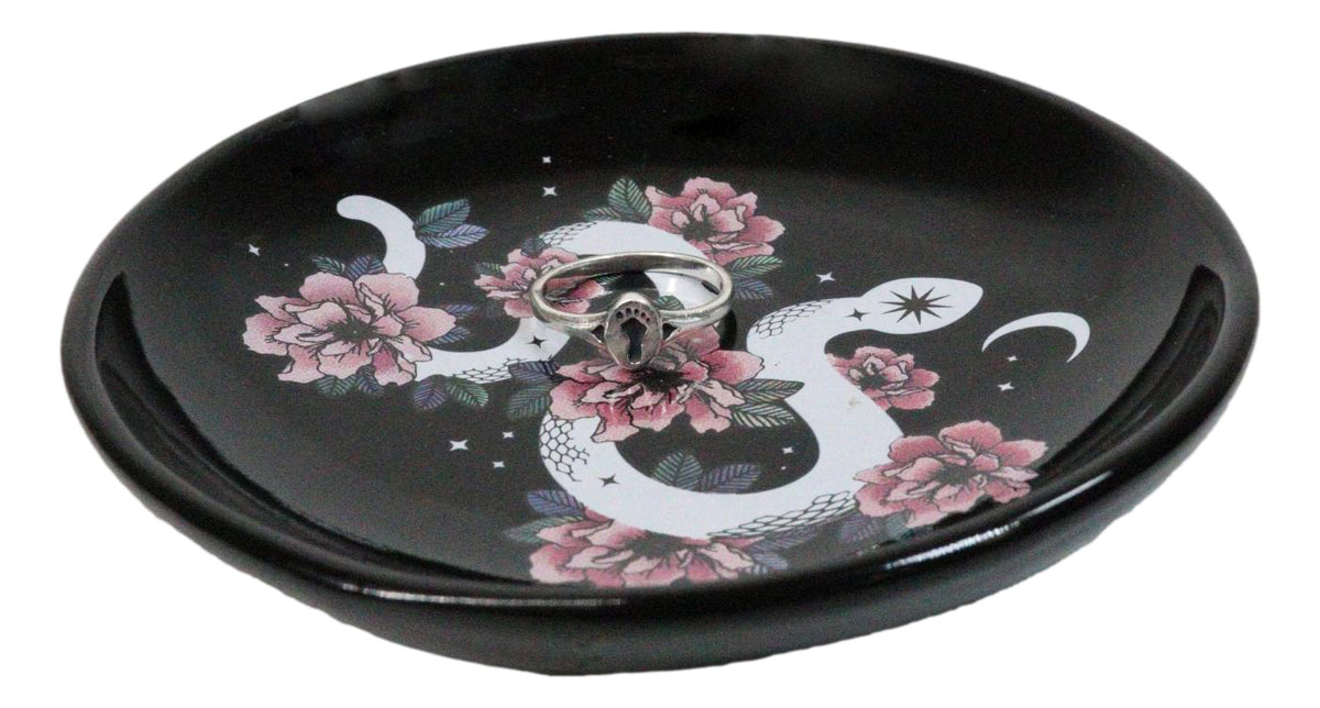 Ceramic Gothic Wicca Pink Floral Roses Serpentine Snake Apothecary Trinket Dish