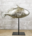 Nautical Marine Silver Tone Clown Triggerfish Fish Sculpture On Metal Pole Stand