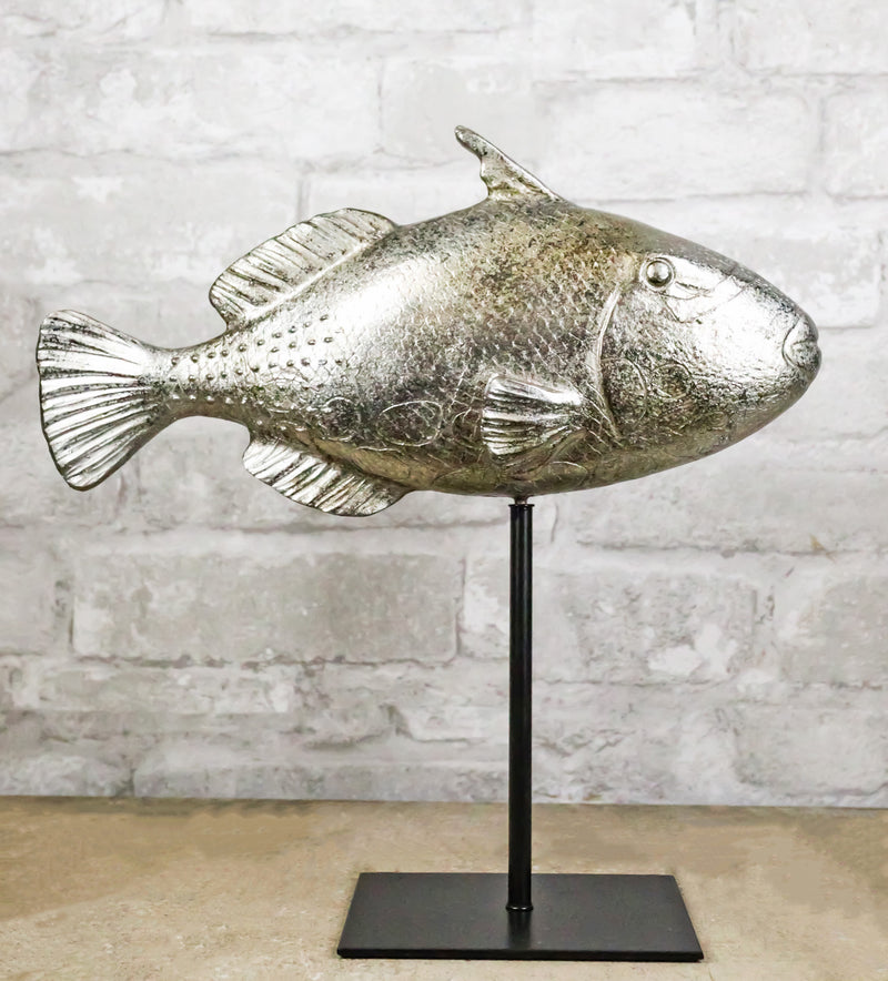 Nautical Marine Silver Tone Clown Triggerfish Fish Sculpture On Metal Pole Stand