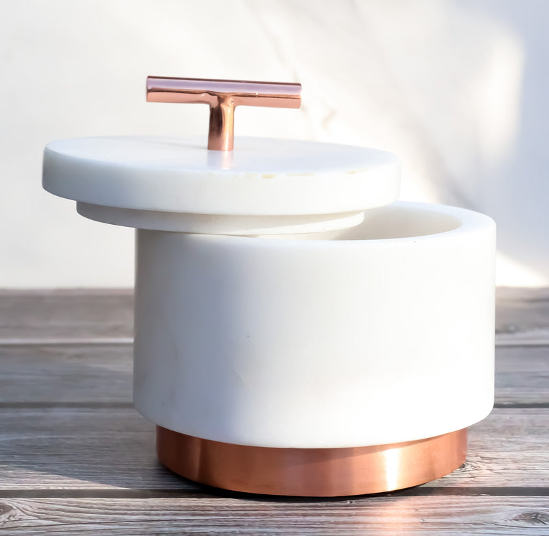 Set Of 4 Marble And Copper Hardware Round Canister Container Storage Jars W/ Lid