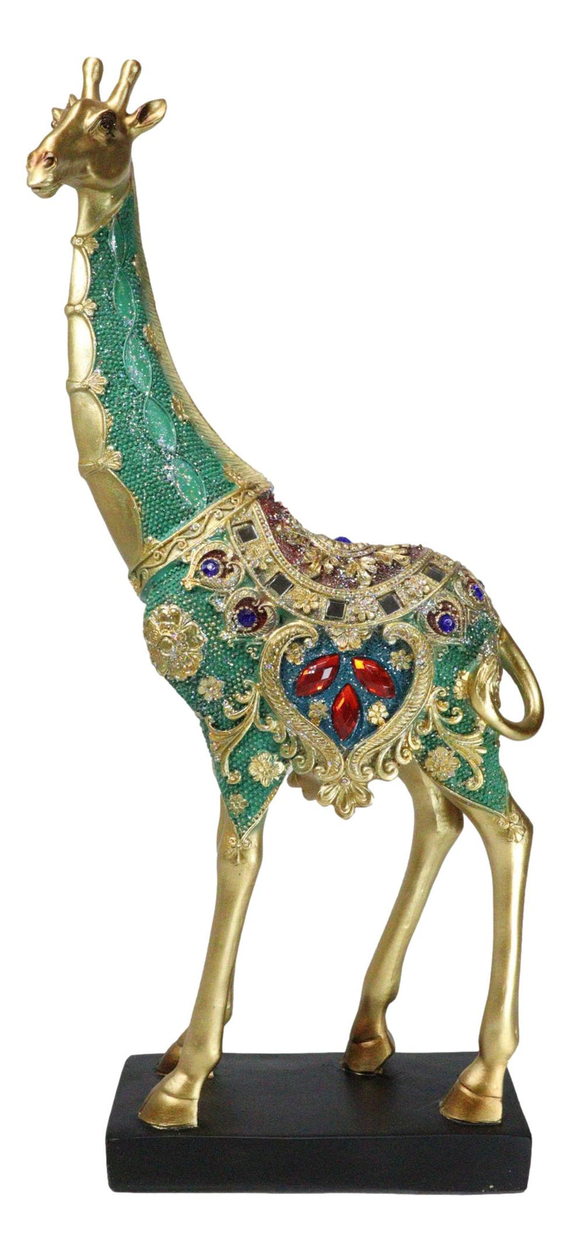 Large Safari Savannah Green Bejeweled Masai Giraffe With Black Base Figurine 16"