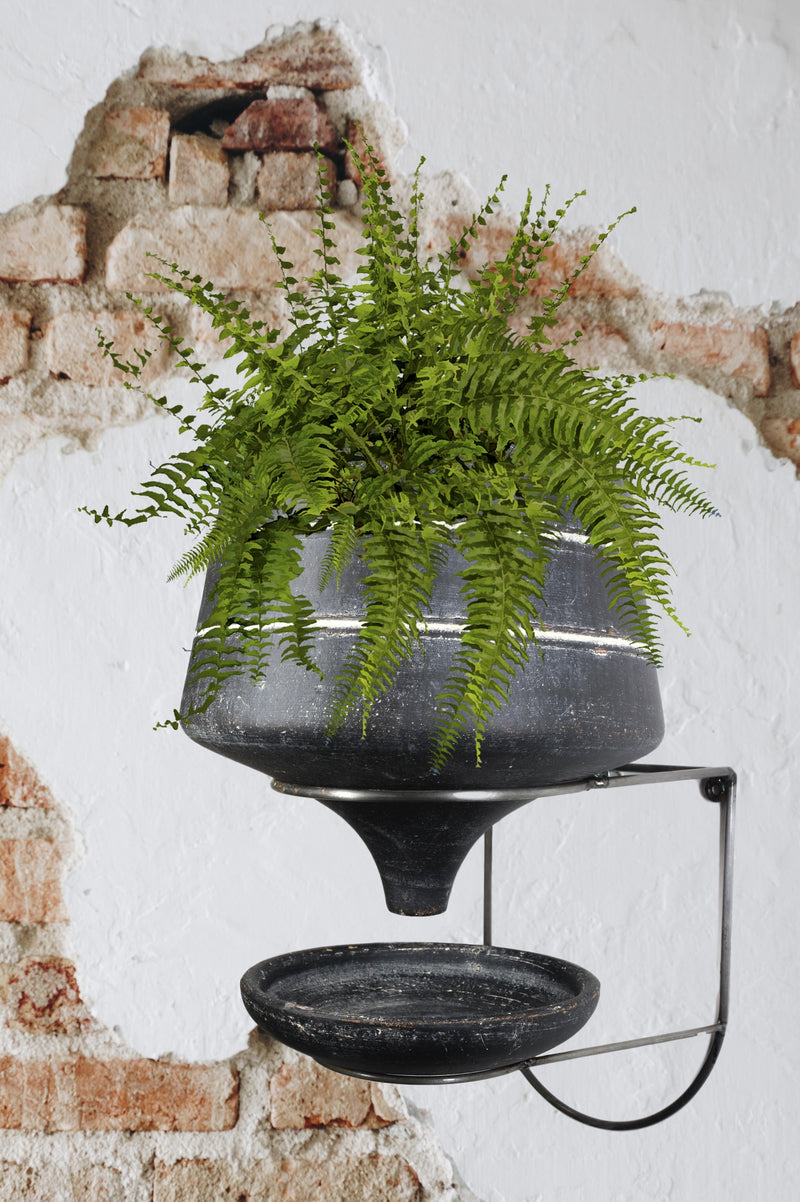 black clay plant pot Rustic Traditional Black Clay Pot Wall Planter With Drip Dish And Wire– Ebros Gift