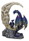 Blue Dragon With Baby Wyrmling Perching On Bone Skull Crescent Moon Figurine