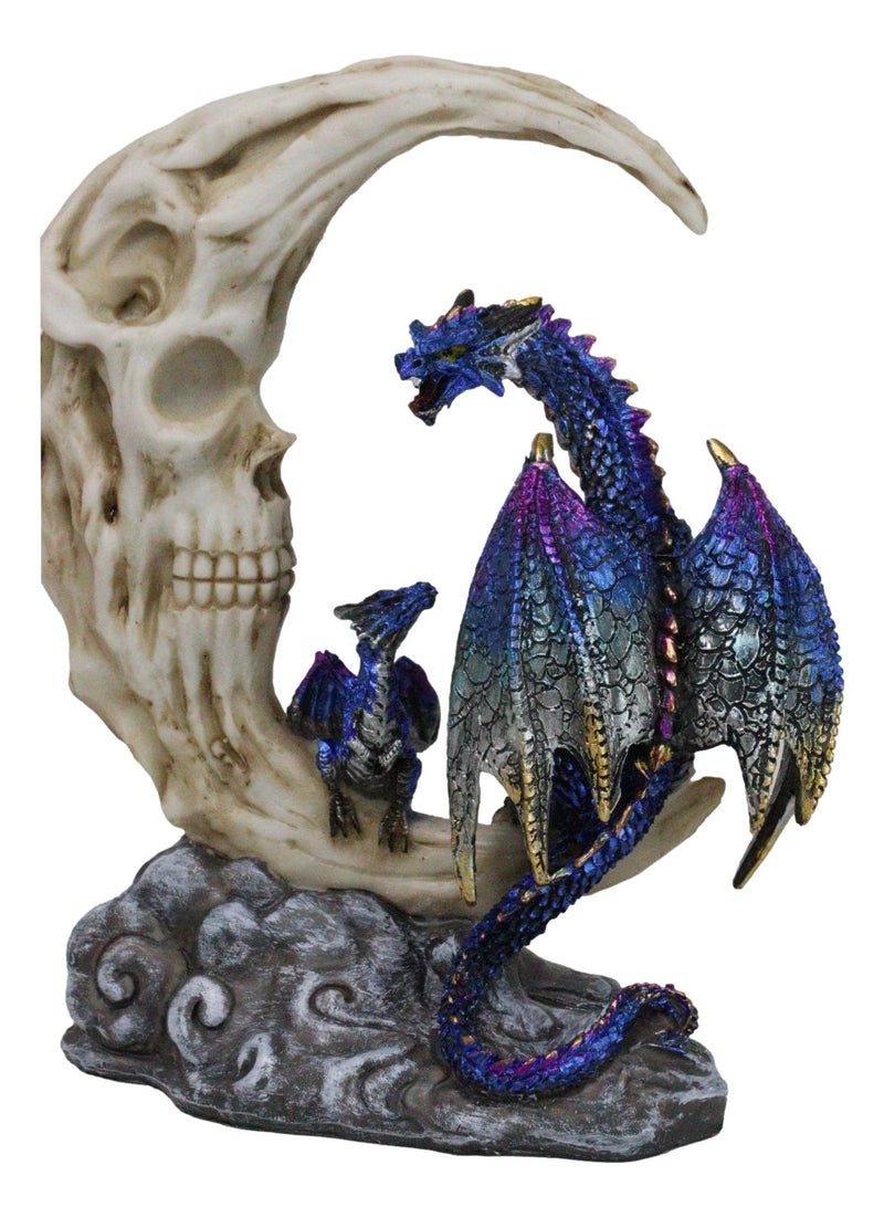 Blue Dragon With Baby Wyrmling Perching On Bone Skull Crescent Moon Figurine