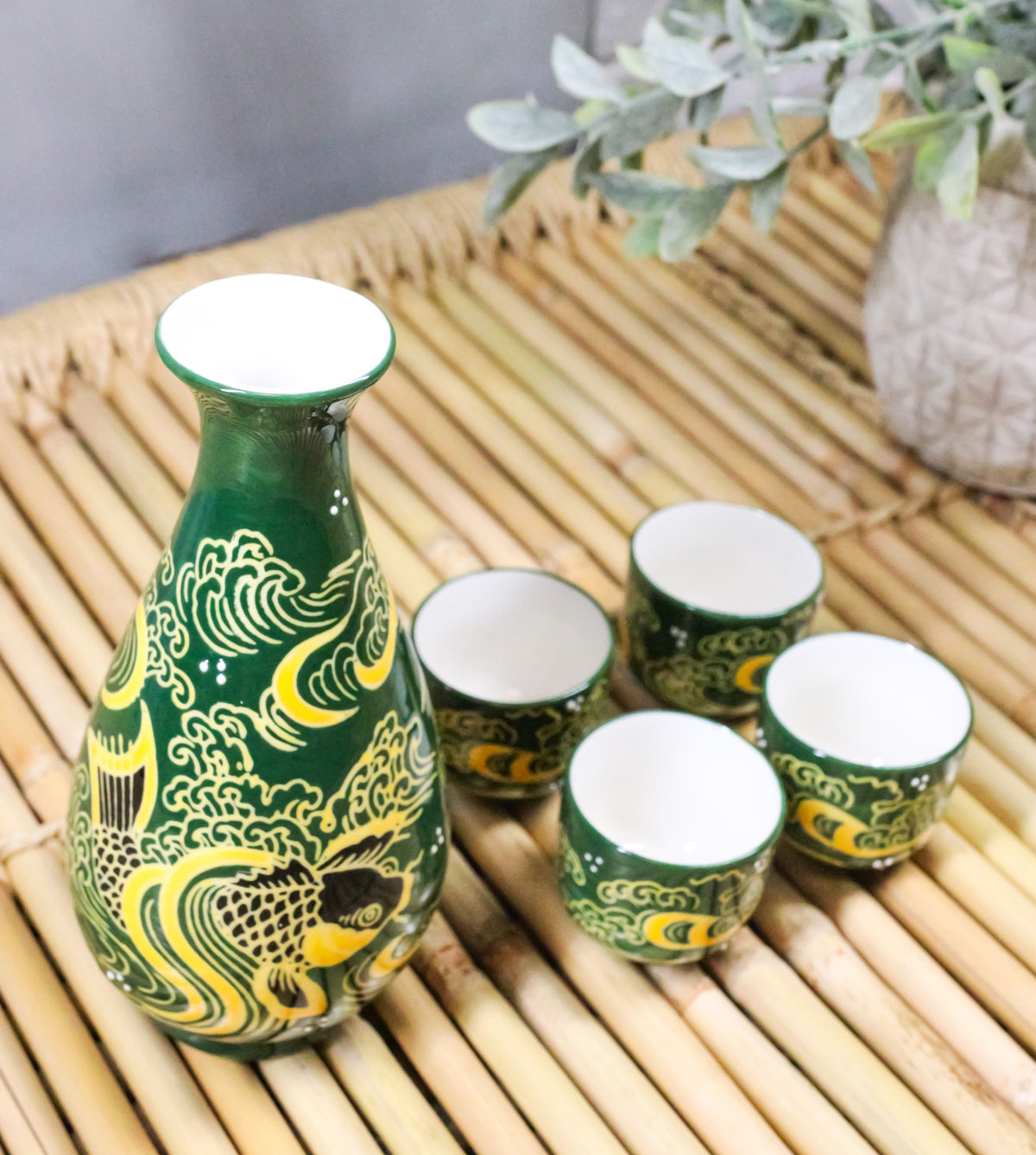Green Golden Koi Fishes In Water Porcelain Sake Flask And 4 Ochoko Cups Set