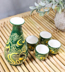 Green Golden Koi Fishes In Water Porcelain Sake Flask And 4 Ochoko Cups Set