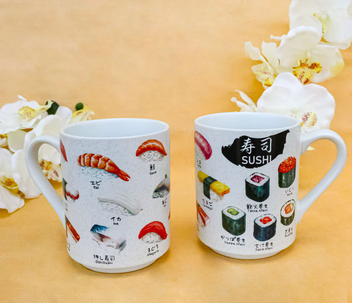 Set Of 2 Japanese Cuisine Sushi Sashimi And Rolls Textured Ceramic Mug Cups 11oz