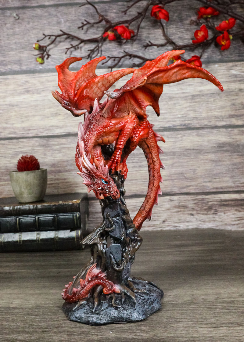 Wizard Fantasy Red Volcanic Dragon Perching On Rune Stone Tower Rock Figurine