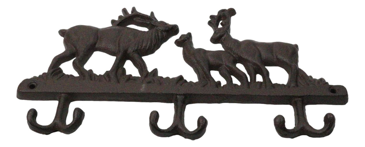 Rustic Deer Stag Doe and Fawn Family Antlers Cast Iron 6 Peg Wall Hook Sculpture