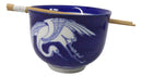 Blue And White Japanese Crane Ramen Donburi Soup Rice Bowl With Chopsticks Set