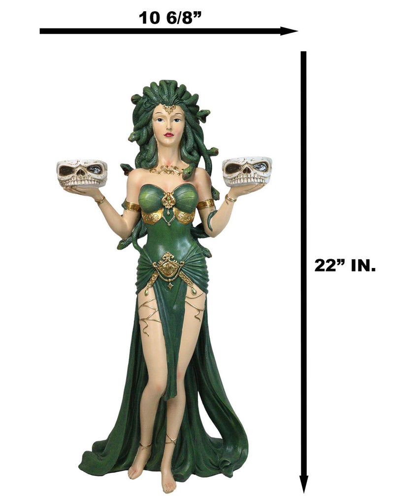 Large Greek Gorgon Goddess Medusa In Green Gown Dual Votive Candleholders Statue