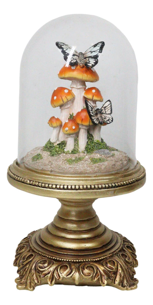 Toadstool Mushrooms Forest with Monarch Butterflies in Glass Cloche Figurine 11"H