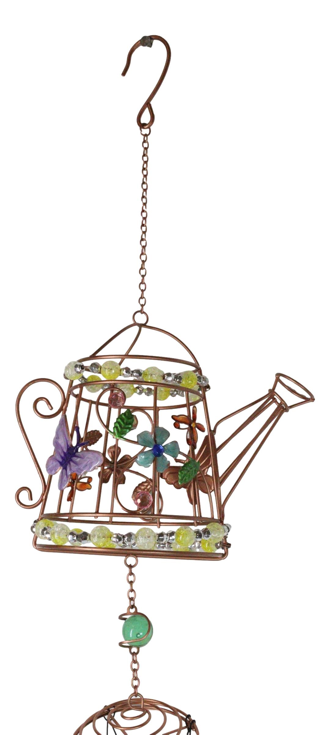Monarch Butterflies On Garden Watering Can Art Glass Gemstones Metal Wind Chime