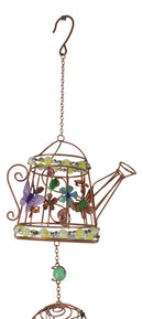 Monarch Butterflies On Garden Watering Can Art Glass Gemstones Metal Wind Chime
