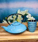 Turquoise Blue Lucky Koi Fishes Tetsubin 27oz Cast Iron Tea Pot With 4 Cups Set
