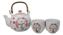 White Red Maneki Neko Lucky Cat Ceramic Tea Pot And 2 Cups Set Bamboo Handle