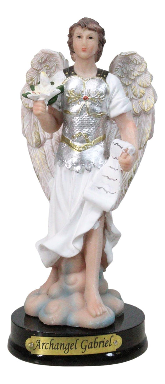 Catholic Archangel Saint Gabriel Holding Scroll And Lotus Figurine With Base 5"H - Ebros Gift