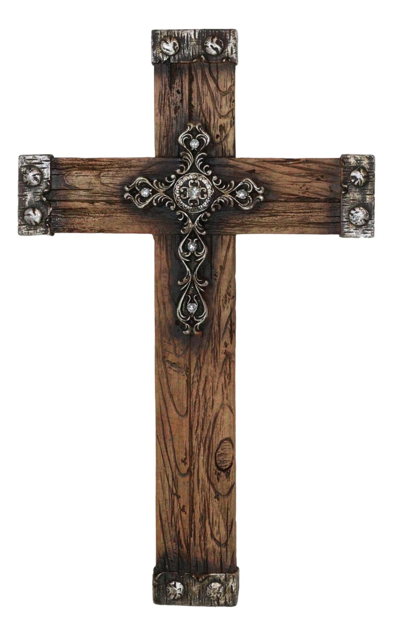 Rustic Western Faux Wood Grain With Layered Silver Scroll Crystals Wall Cross