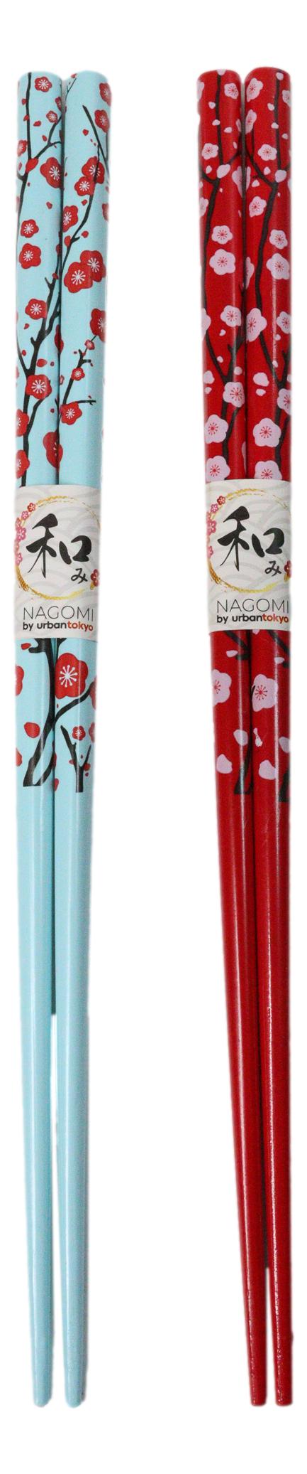 Red Blue Sakura Cerry Blossoms Flowers Set of 2 Chopsticks And Ceramic Rests Set