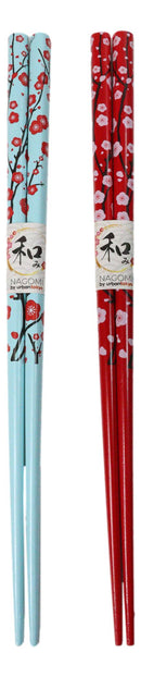 Red Blue Sakura Cerry Blossoms Flowers Set of 2 Chopsticks And Ceramic Rests Set
