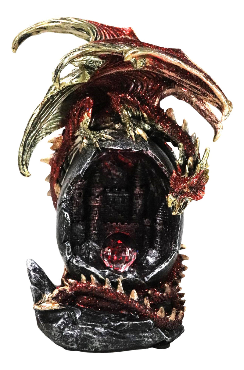 Fantasy Red Gold Dragon On Giant Egg LED Cavern With Medieval Castle Figurine