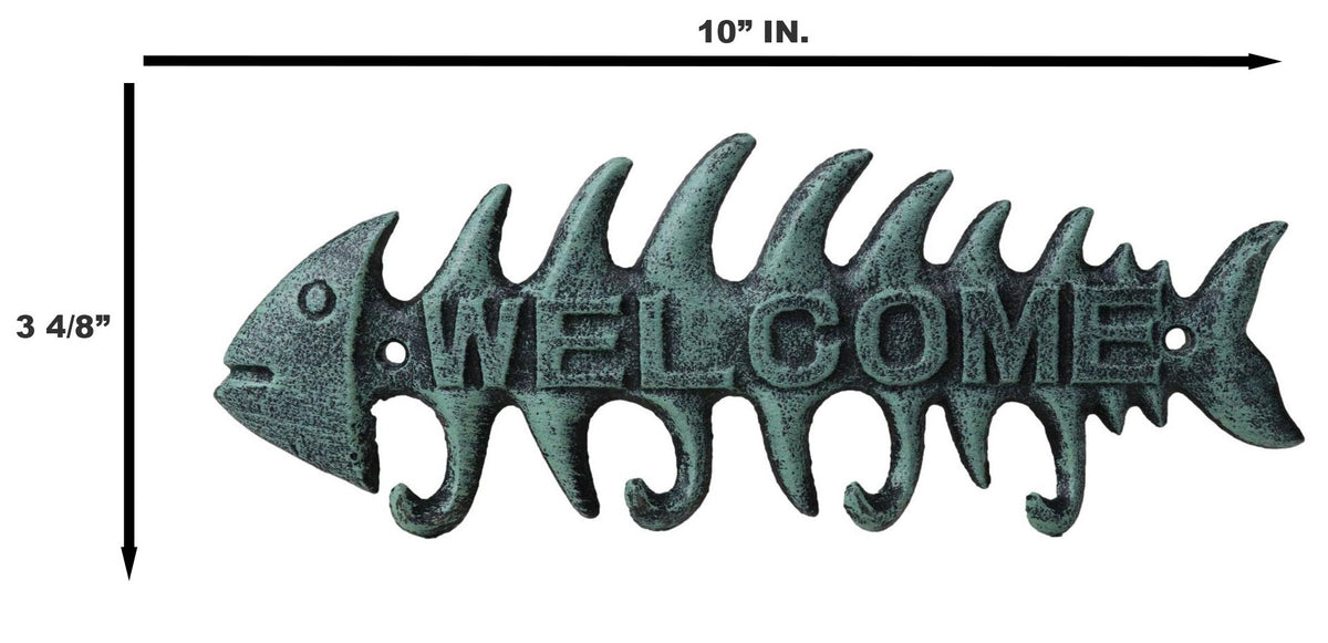 Pack of 2 Verdigris Cast Iron Fish Bone 4 Peg Wall Hooks Welcome Sign Plaque