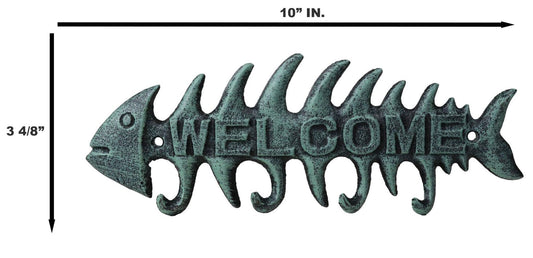 Pack of 2 Verdigris Cast Iron Fish Bone 4 Peg Wall Hooks Welcome Sign Plaque