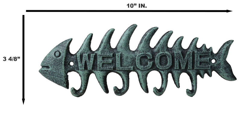Pack of 2 Verdigris Cast Iron Fish Bone 4 Peg Wall Hooks Welcome Sign Plaque