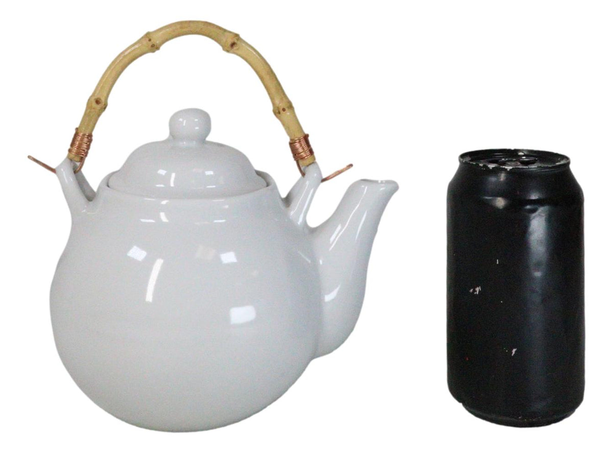 Sleek White 35oz Bone China Ceramic Tea Pot Teapot With Bamboo Handle Collection