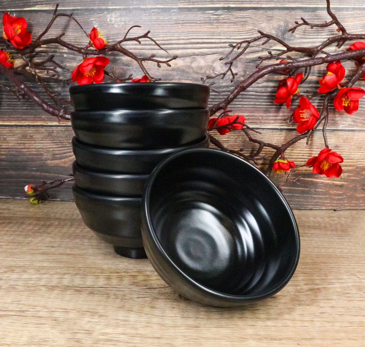 Pack Of 6 Modern Matte Black Melamine Small Round Soup Appetizer Rice Bowls 10oz