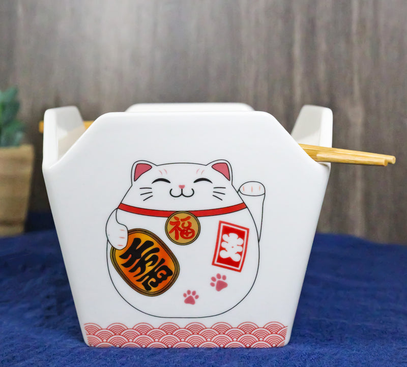 Maneki Neko Lucky Cat Asian Takeout To Go Box Serving Bowl With Chopsticks Set
