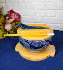 Blue Nami Waves Surf Donburi Ramen Bowl With Lid Trivet Spoon Chopsticks Set