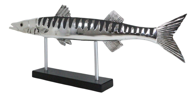 Marine Faux Taxidermy Silver Tone Large Barracuda Fish Sculpture With Pole Stand
