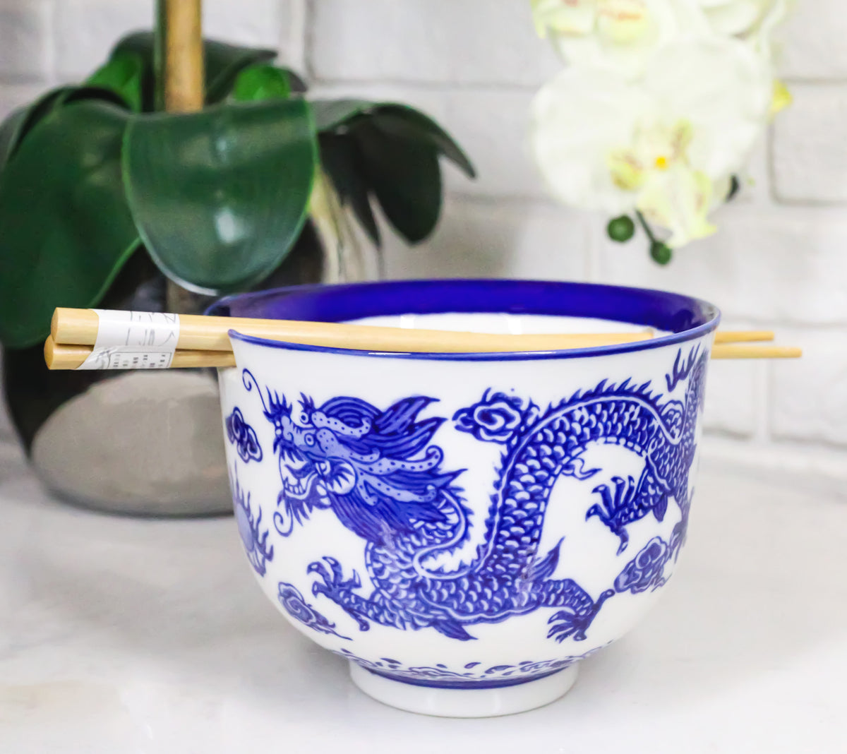 Blue White Oriental Dragon King Ceramic Donburi Ramen Bowl With Chopsticks Set - Ebros Gift