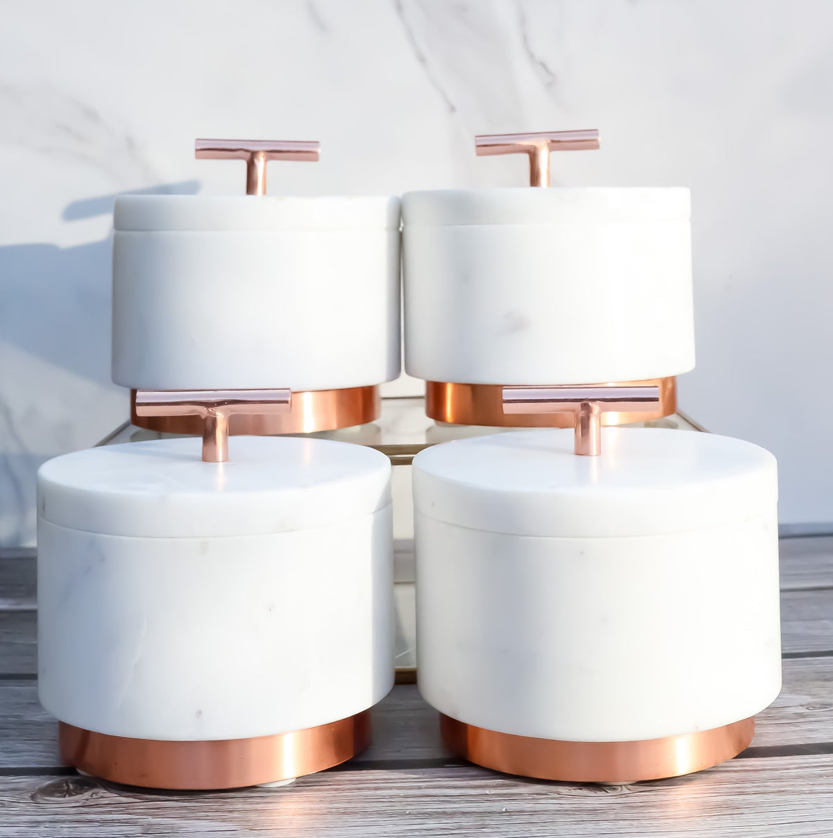Set Of 4 Marble And Copper Hardware Round Canister Container Storage Jars W/ Lid