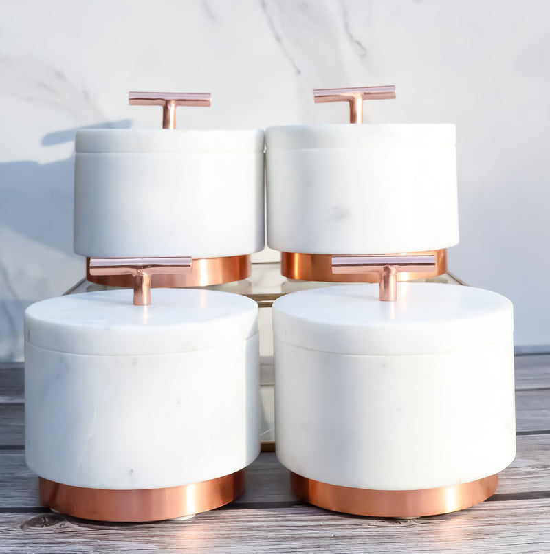Set Of 4 Marble And Copper Hardware Round Canister Container Storage Jars W/ Lid