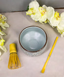 Plum Blue Sakura Blooms Ceramic Japanese Matcha Green Tea Bowl Whisk & Scoop Set