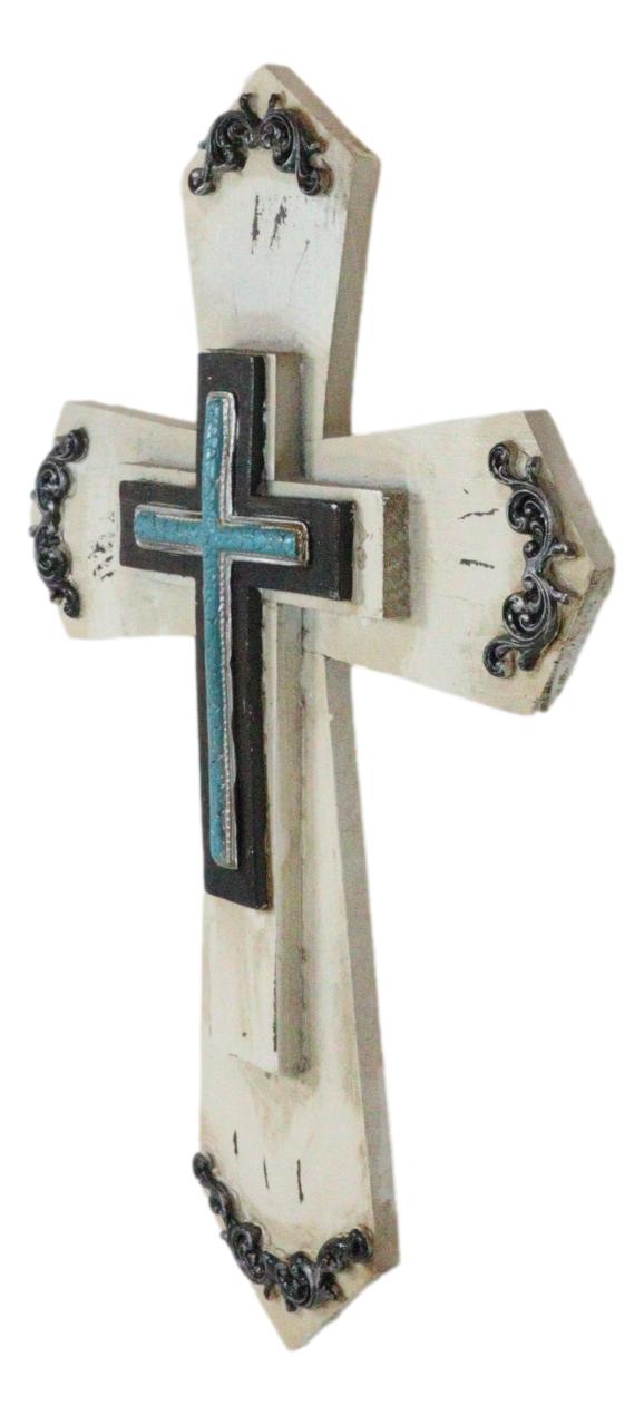 Rustic Western Turquoise Floral Scrollwork Faux Wood Layered Wall Cross Crucifix